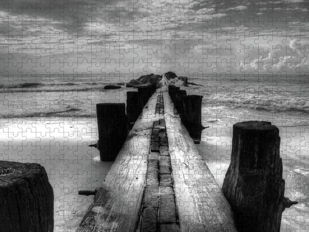 Folly Beach Pilings Jigsaw Puzzle featuring the photograph Folly Beach Pilings Charleston South Carolina In Black and White by Carol Montoya