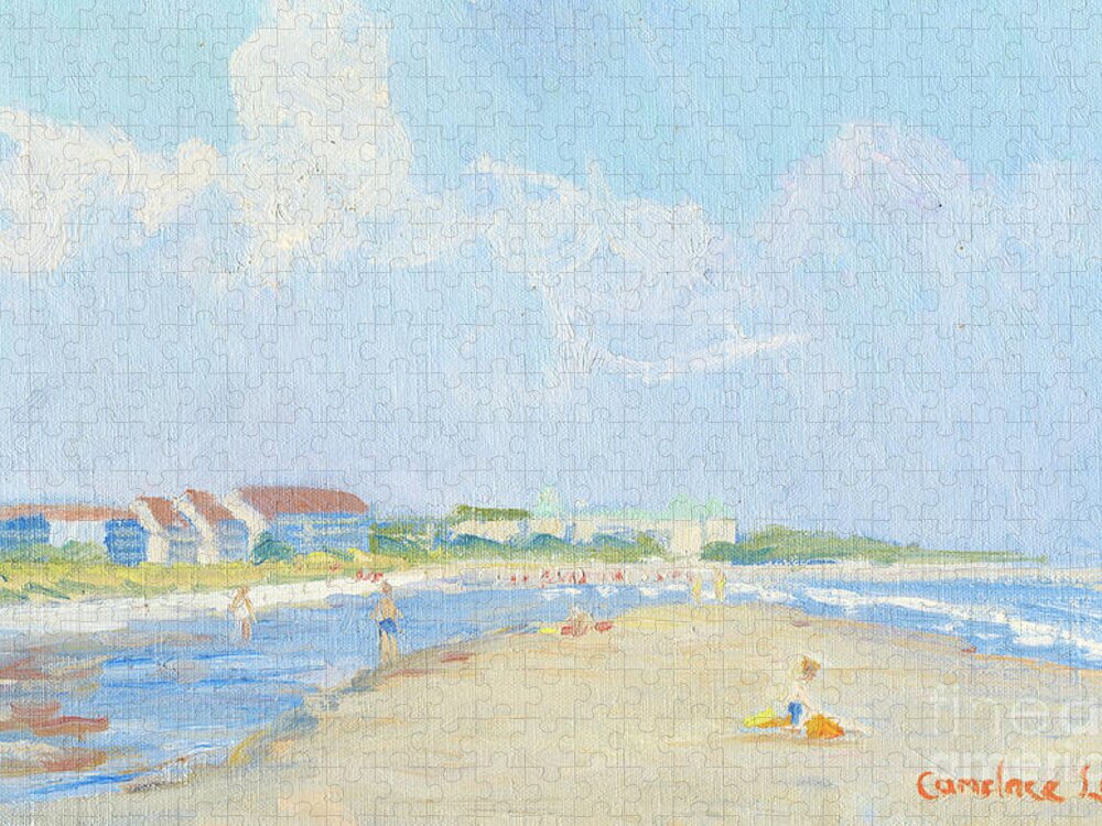 Folly Field Beach Jigsaw Puzzle featuring the painting Folly Field Beach and the Westin by Candace Lovely