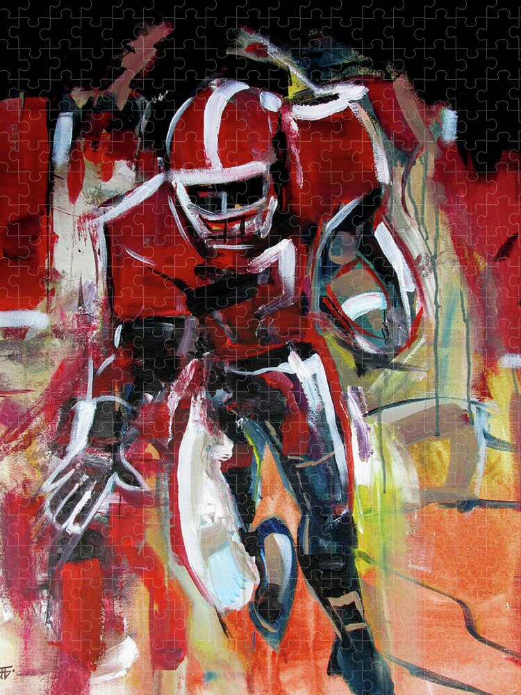 Uga Football Jigsaw Puzzle featuring the painting FootBall Run by John Gholson
