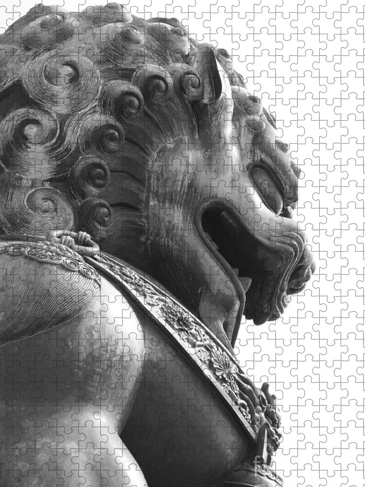 China Jigsaw Puzzle featuring the photograph Forbidden City Lion - Black and White by Carol Groenen
