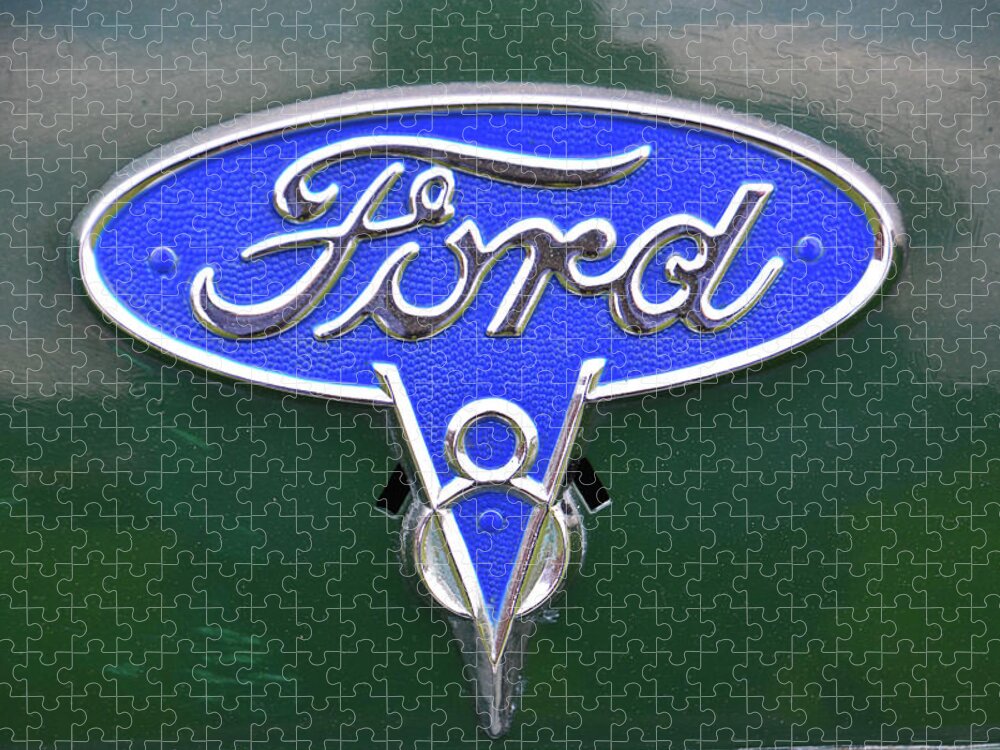 Vintage Jigsaw Puzzle featuring the photograph Ford V8 Badge by Mike Martin
