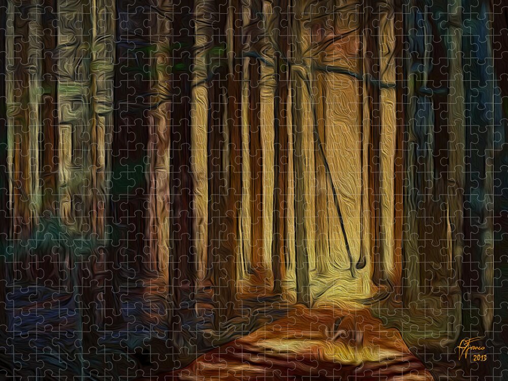 Artwork For Sale Jigsaw Puzzle featuring the digital art Forrest sun by Vincent Franco
