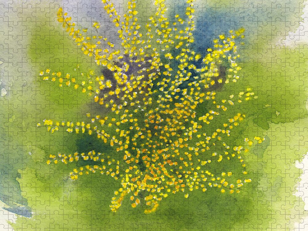 Forsythia Jigsaw Puzzle featuring the painting Forsythia Study 1 in Watercolor by Conni Schaftenaar