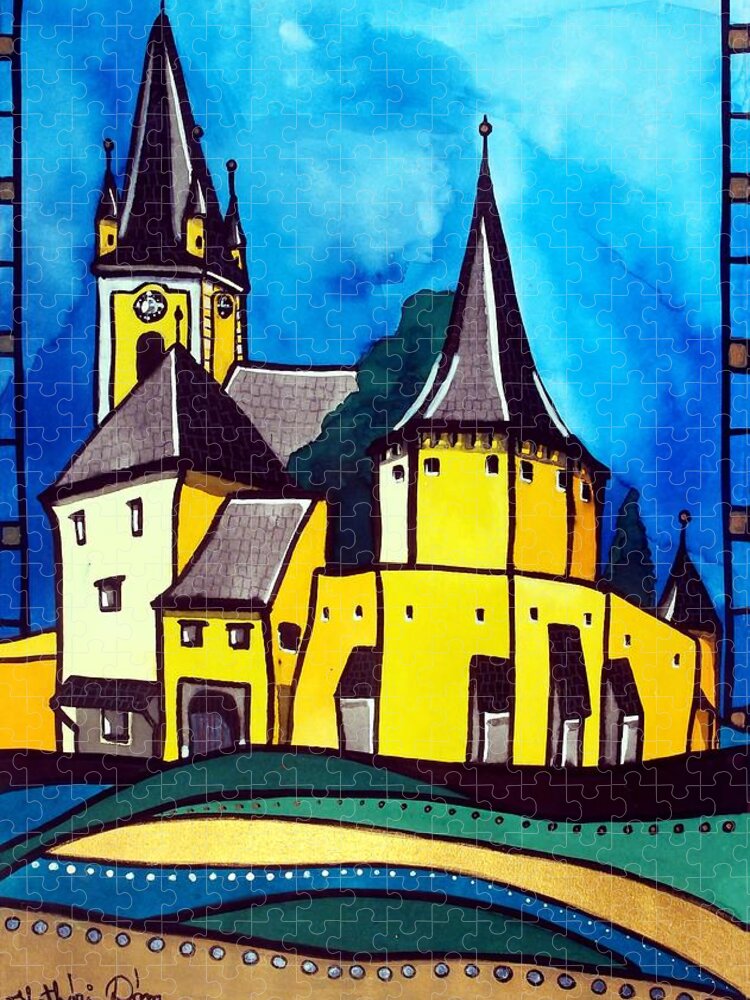 Medieval Jigsaw Puzzle featuring the painting Fortified Medieval Church in Transylvania by Dora Hathazi Mendes by Dora Hathazi Mendes