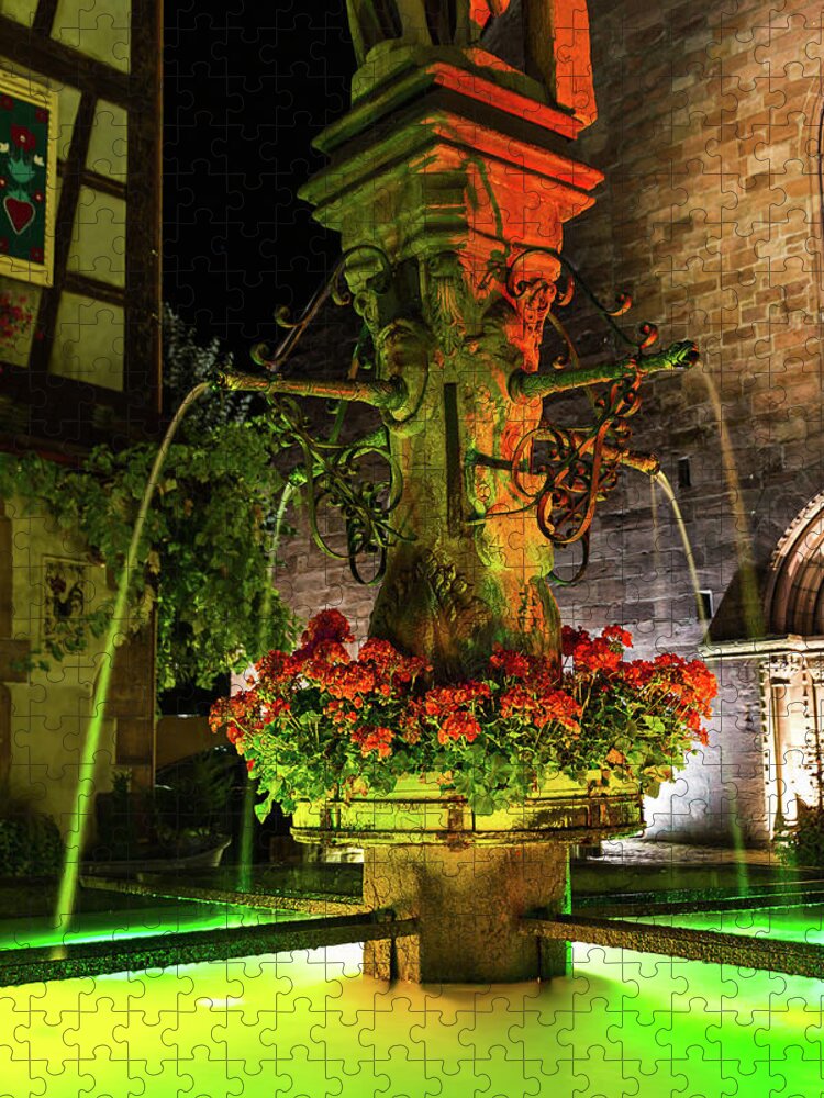 Old Fountain Jigsaw Puzzle featuring the photograph Fountain of Kaysersberg by night by Paul MAURICE