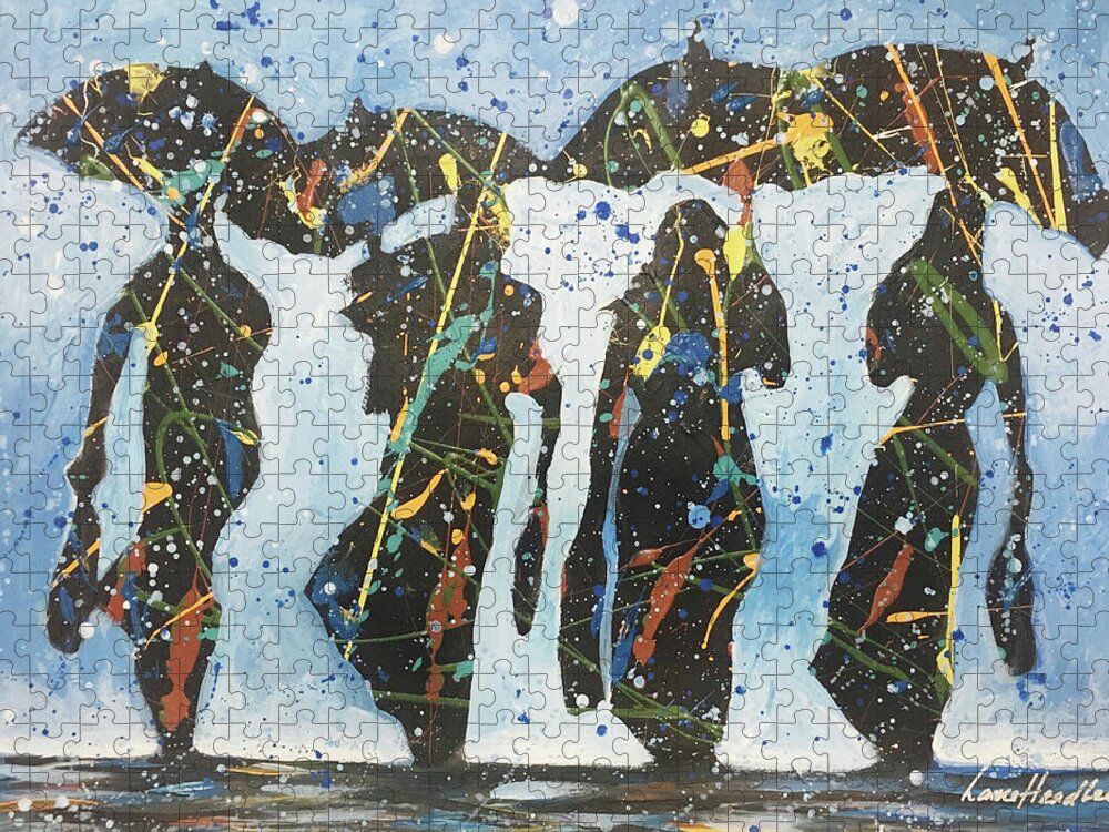 Umbrellas Jigsaw Puzzle featuring the painting Four In The Rain by Lance Headlee