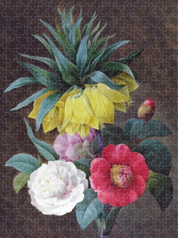 Pierre Joseph Redoute Jigsaw Puzzle featuring the painting Four Peonies and a Crown Imperial by Pierre Joseph Redoute