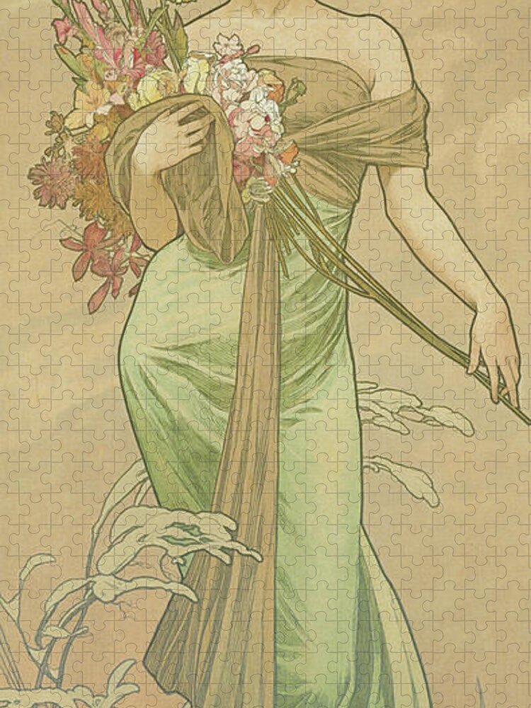 Spring Jigsaw Puzzle featuring the painting Four Seasons Spring, 1900 by Alphonse Marie Mucha
