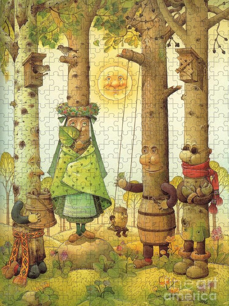 Landscape Tree Forest Green Fairy Tales Sun Spring Puzzle featuring the painting Four Trees by Kestutis Kasparavicius