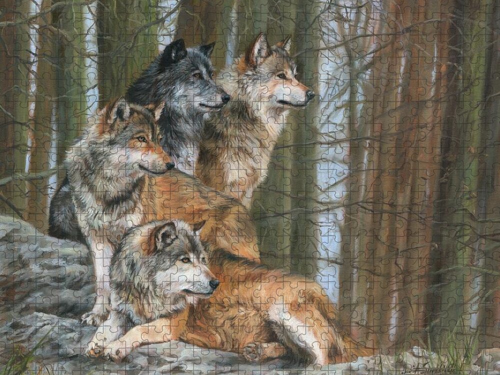 Wolf Jigsaw Puzzle featuring the painting Four Wolves by David Stribbling
