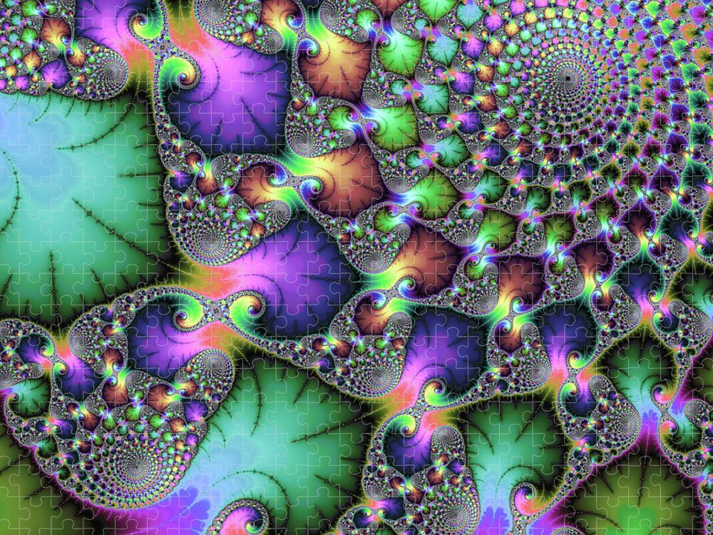Jewel Colors Jigsaw Puzzle featuring the digital art Fractal floral spirals jewel colored green purple gold by Matthias Hauser