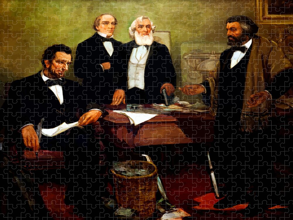 Frederick Douglass Jigsaw Puzzle featuring the painting Frederick Douglass appealing to President Lincoln by War Is Hell Store