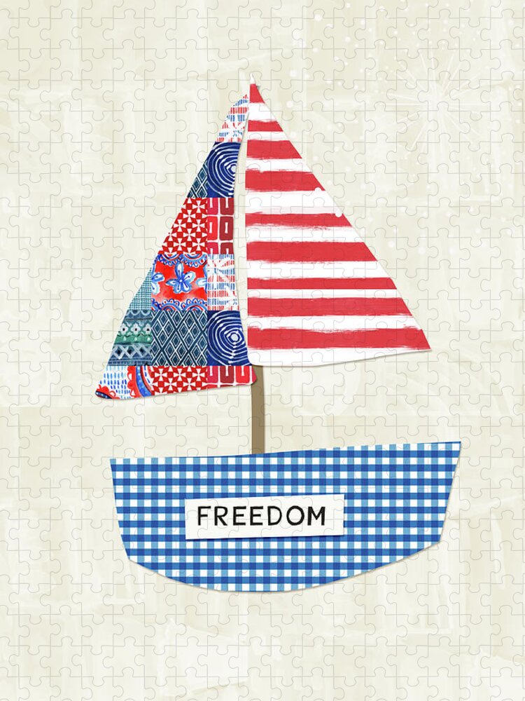 Red Jigsaw Puzzle featuring the mixed media Freedom Boat- Art by Linda Woods by Linda Woods