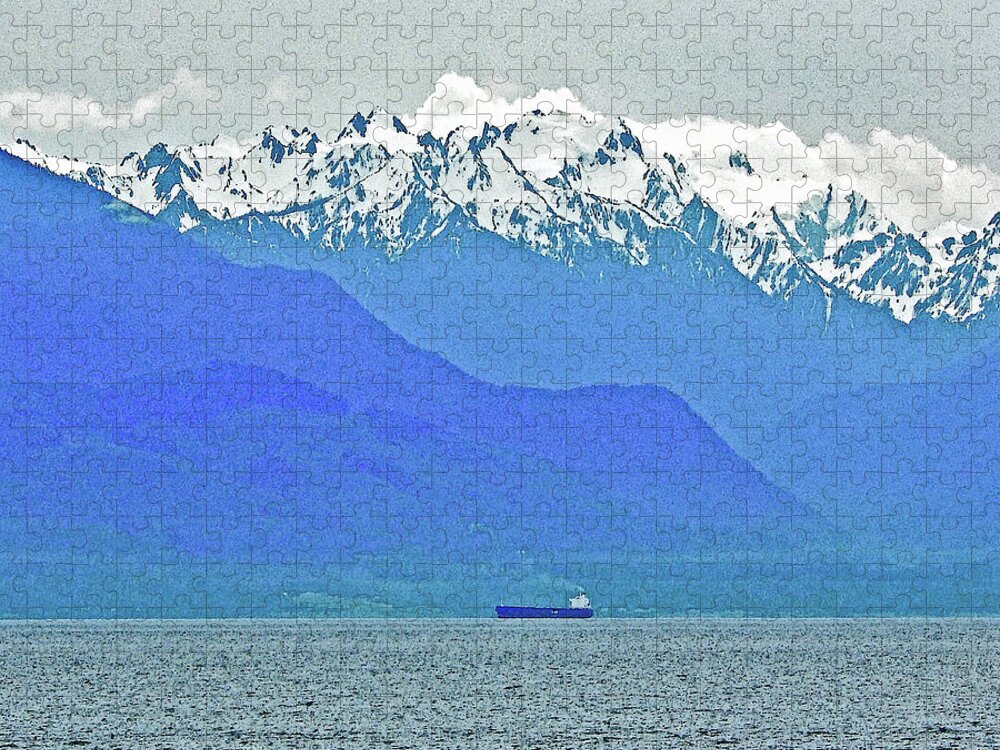 Olympic Mountains Jigsaw Puzzle featuring the digital art Freighter Dwarfed by The Olympics by Gary Olsen-Hasek