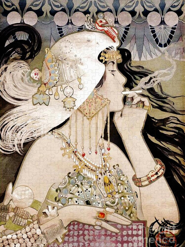 Art Nouveau Jigsaw Puzzle featuring the painting French Art Nouveau smoking woman Collage by Tina Lavoie