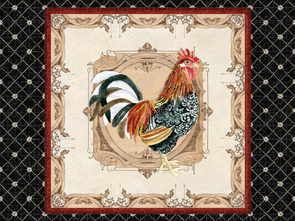 Etched Jigsaw Puzzle featuring the painting French Country Roosters Quartet Black 1 by Audrey Jeanne Roberts