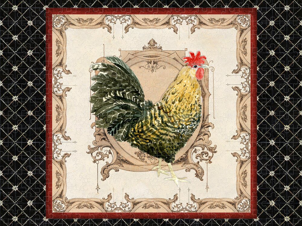 Etched Jigsaw Puzzle featuring the painting French Country Roosters Quartet Black 3 by Audrey Jeanne Roberts