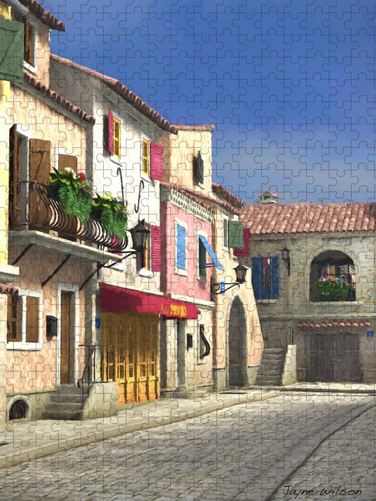French Village Scene Jigsaw Puzzle featuring the digital art French Village Scene with Cobblestone Street by Jayne Wilson