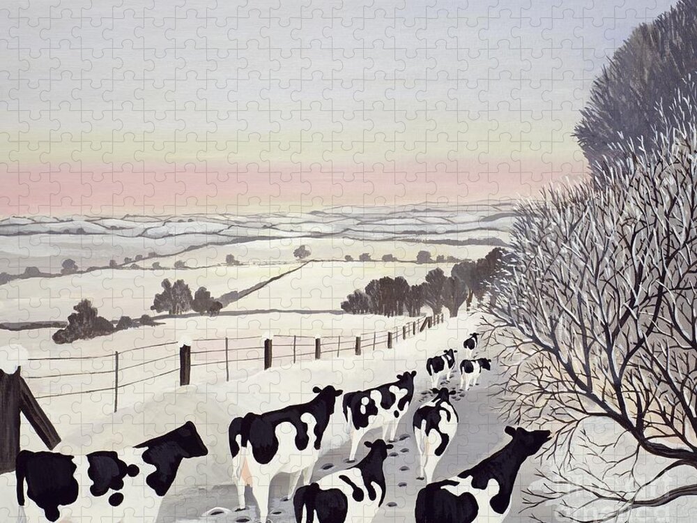 Fence Jigsaw Puzzle featuring the painting Friesians in Winter by Maggie Rowe