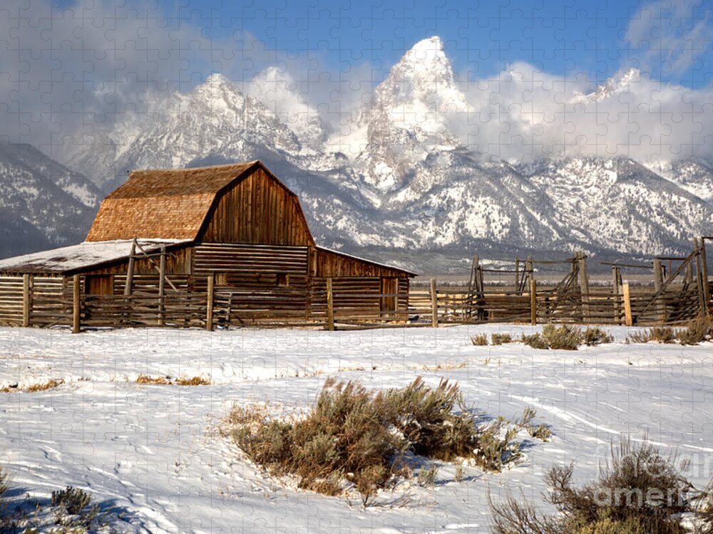 Teton Barn Jigsaw Puzzle featuring the photograph Frigid Morning At The Moulton Barn by Adam Jewell