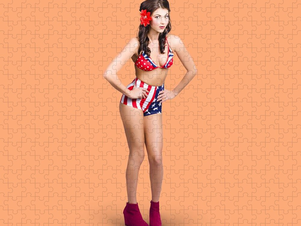 Pinup Jigsaw Puzzle featuring the photograph Full body pin-up girl. American retro style by Jorgo Photography