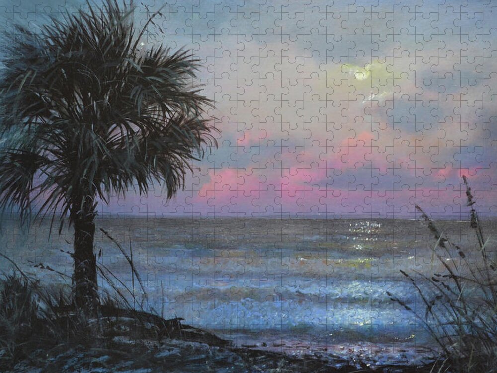 Seascape Jigsaw Puzzle featuring the painting Full Moon Rising by Blue Sky