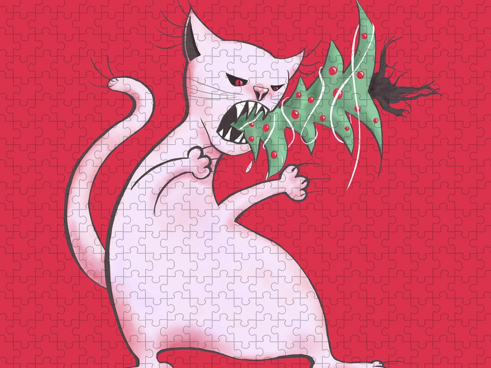 Tree Jigsaw Puzzle featuring the digital art Funny White Cat Eats Christmas Tree by Boriana Giormova