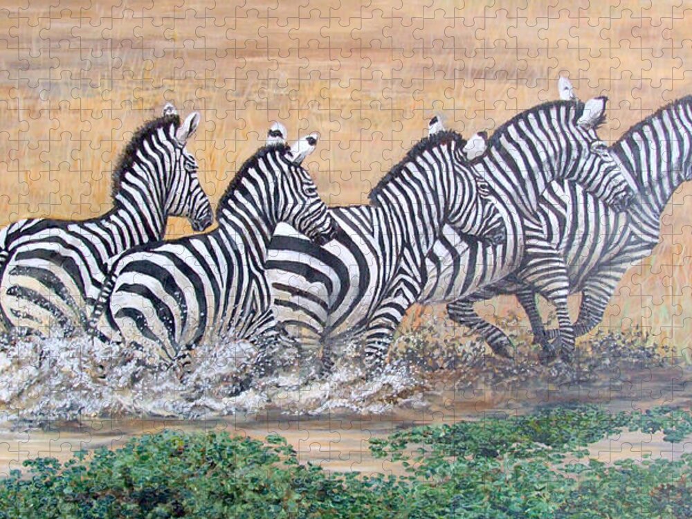 Zebra Jigsaw Puzzle featuring the painting Galloping Zebras by Mackenzie Moulton