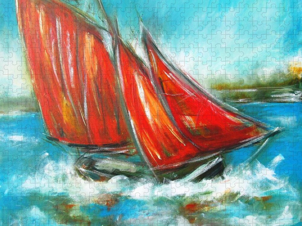 Galway Hooker Jigsaw Puzzle featuring the painting Paintings of Galway hooker on galway bay - see www.pxi-art.com by Mary Cahalan Lee - aka PIXI
