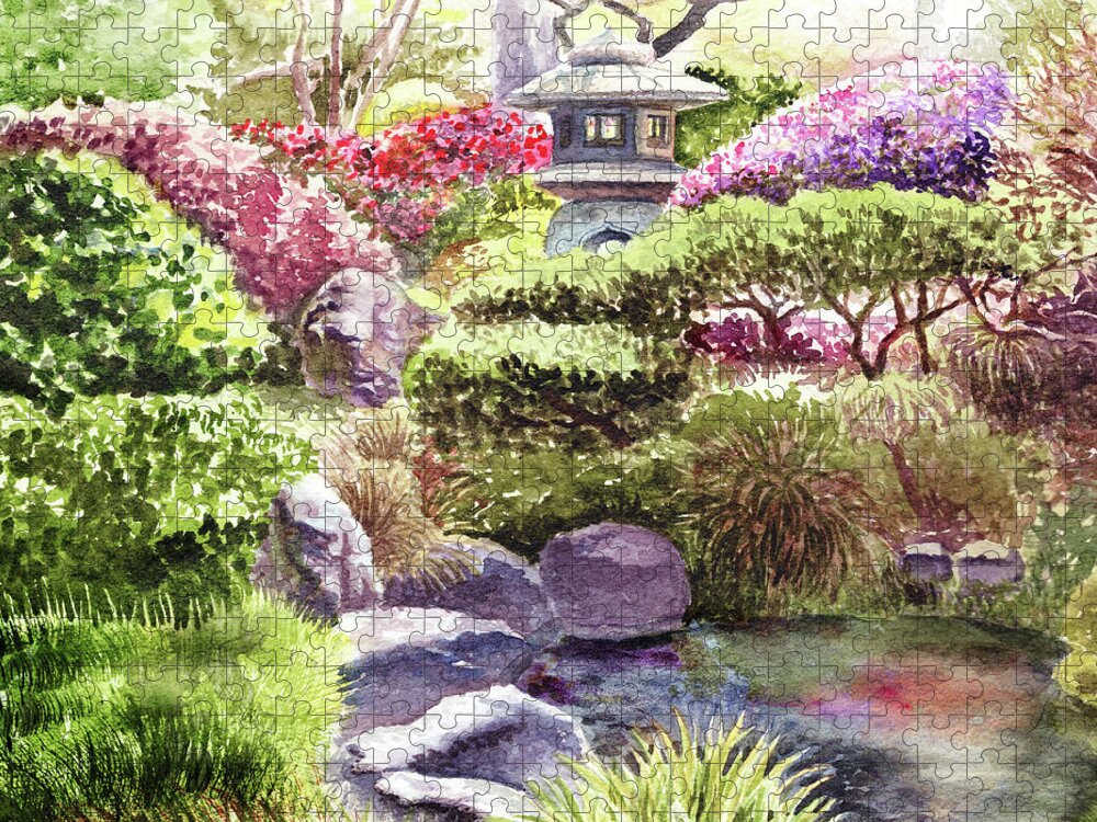 Path Jigsaw Puzzle featuring the painting Garden Path To Pagoda by Irina Sztukowski