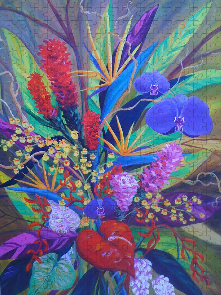 Anthuriums Jigsaw Puzzle featuring the painting Gardner Tropicals by Anne Marie Brown