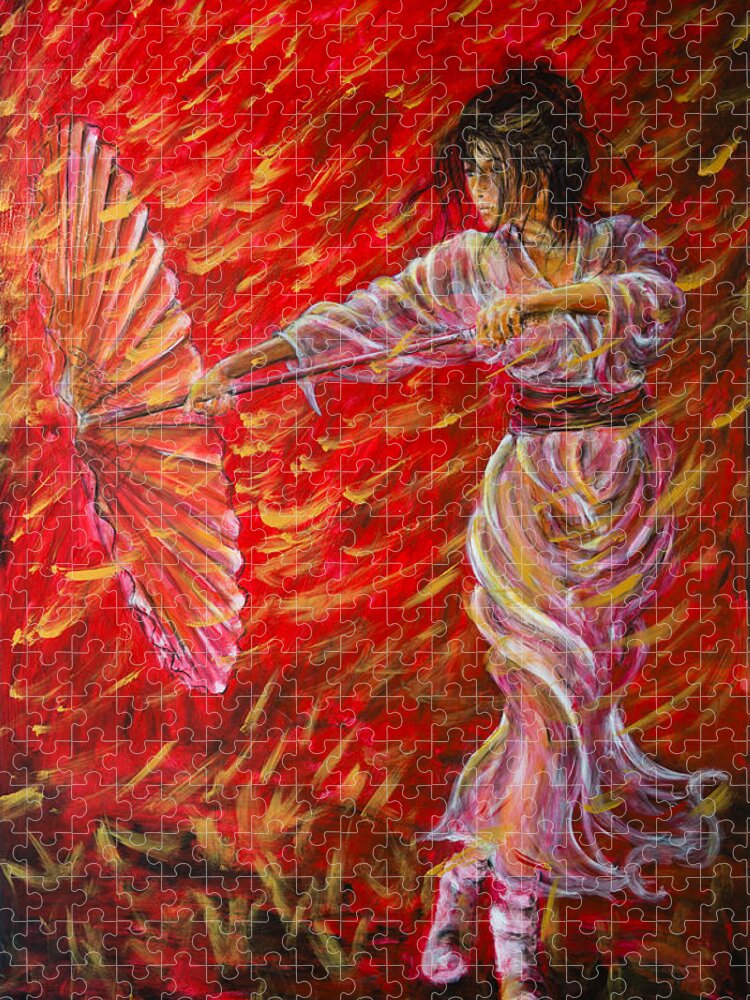 Geisha Jigsaw Puzzle featuring the painting Geisha - Rain Dance 02 by Nik Helbig