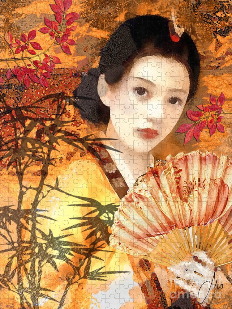 Geisha Jigsaw Puzzle featuring the painting Geisha with Fan by Mo T