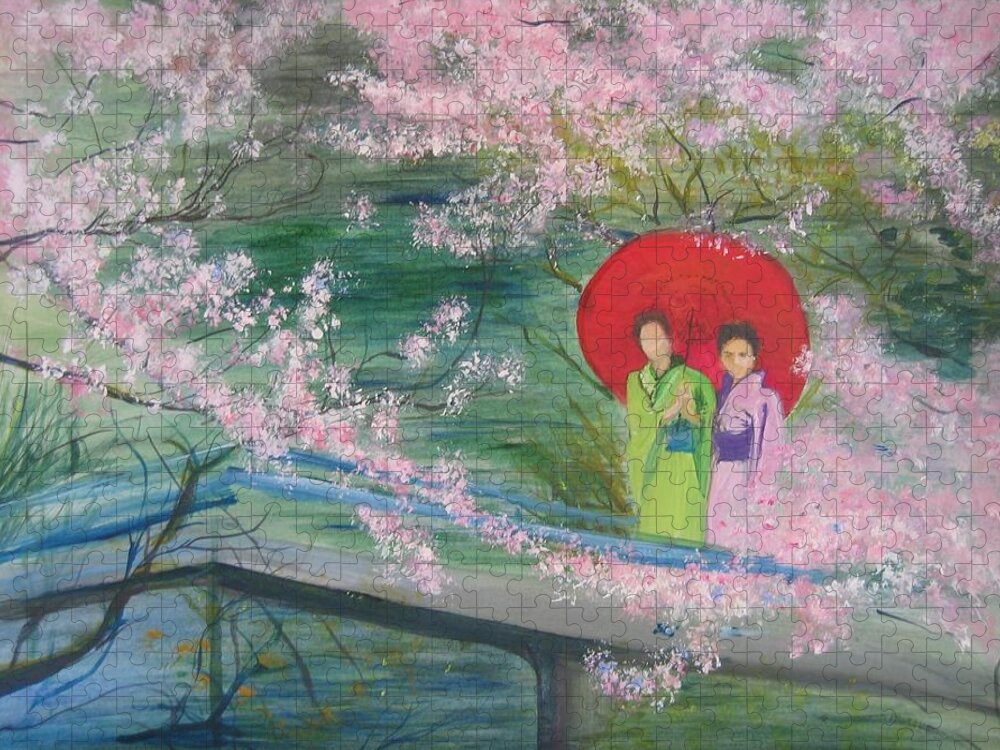 Landscape Jigsaw Puzzle featuring the painting Geishas and Cherry Blossom by Lizzy Forrester
