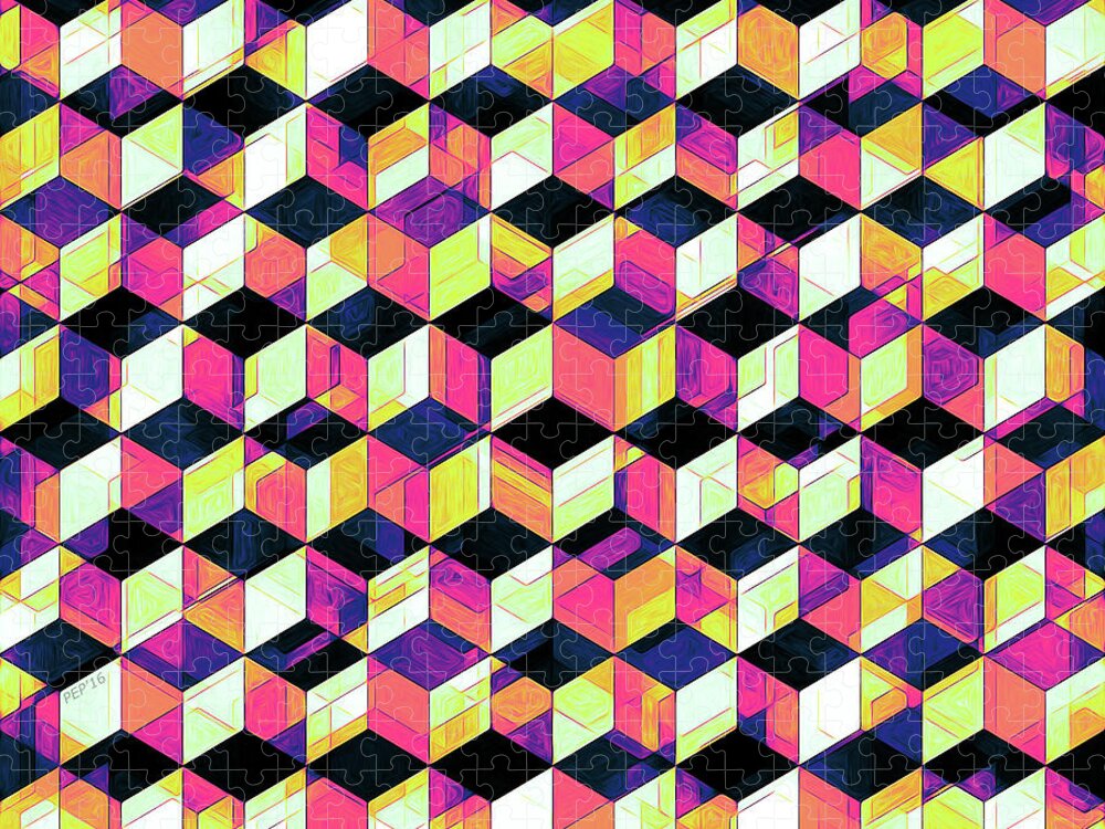 Three Dimensional Jigsaw Puzzle featuring the digital art Geometric Cubes Pop Art by Phil Perkins