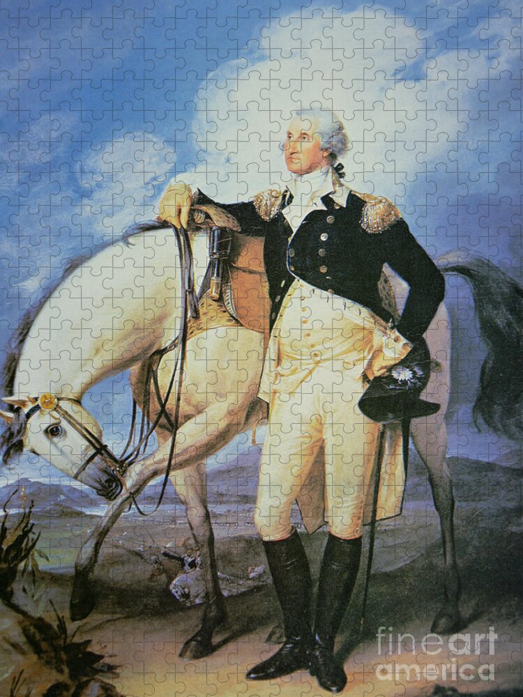 Male; Portrait; Full Length; Tricorn Hat; United States; Politician; Military; Horse; Battle; Battlefield; Hilltop; Officer; Soldier; American; 1st Jigsaw Puzzle featuring the painting George Washington by John Trumbull