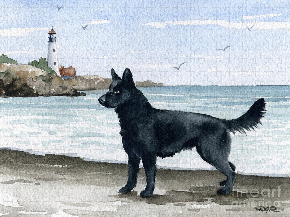 German Jigsaw Puzzle featuring the painting German Shepherd at the Beach by David Rogers