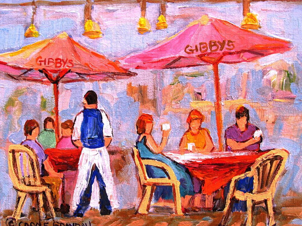 Gibbys Restaurant Montreal Street Scenes Jigsaw Puzzle featuring the painting Gibbys Cafe by Carole Spandau