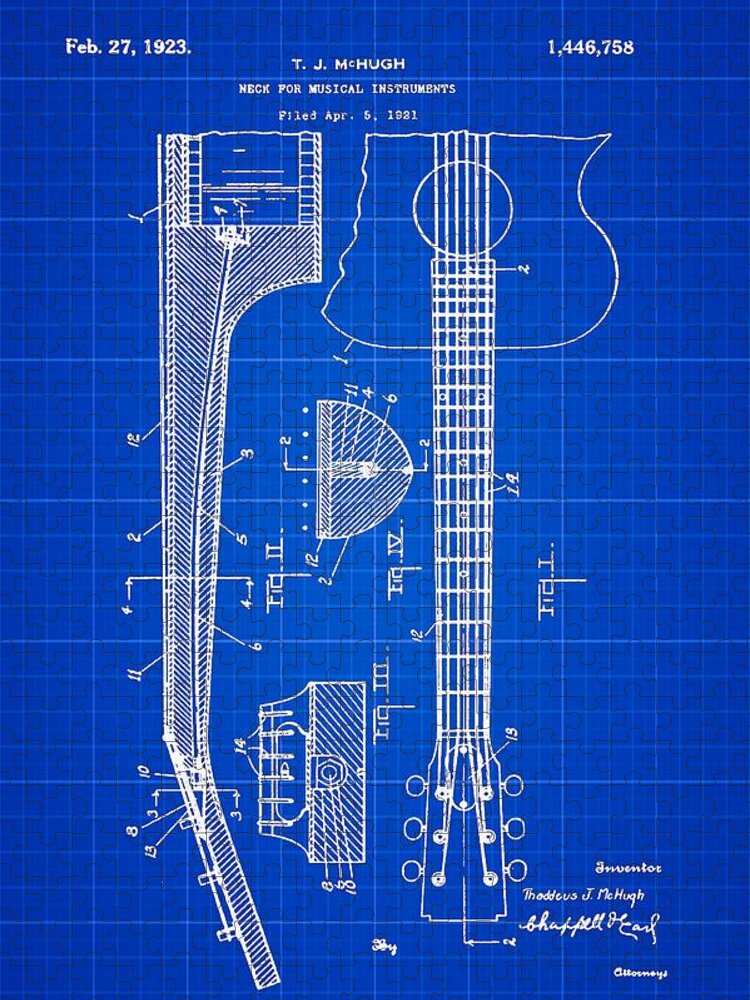 Gibson Jigsaw Puzzle featuring the photograph Gibson Guitar Patent 1923 Blue Print by Bill Cannon