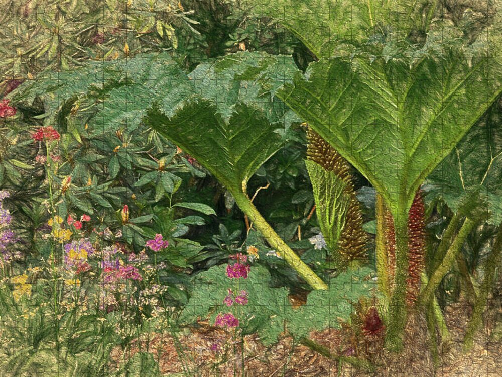 Garden Photography Jigsaw Puzzle featuring the painting Gigantic Leaves by Bonnie Bruno