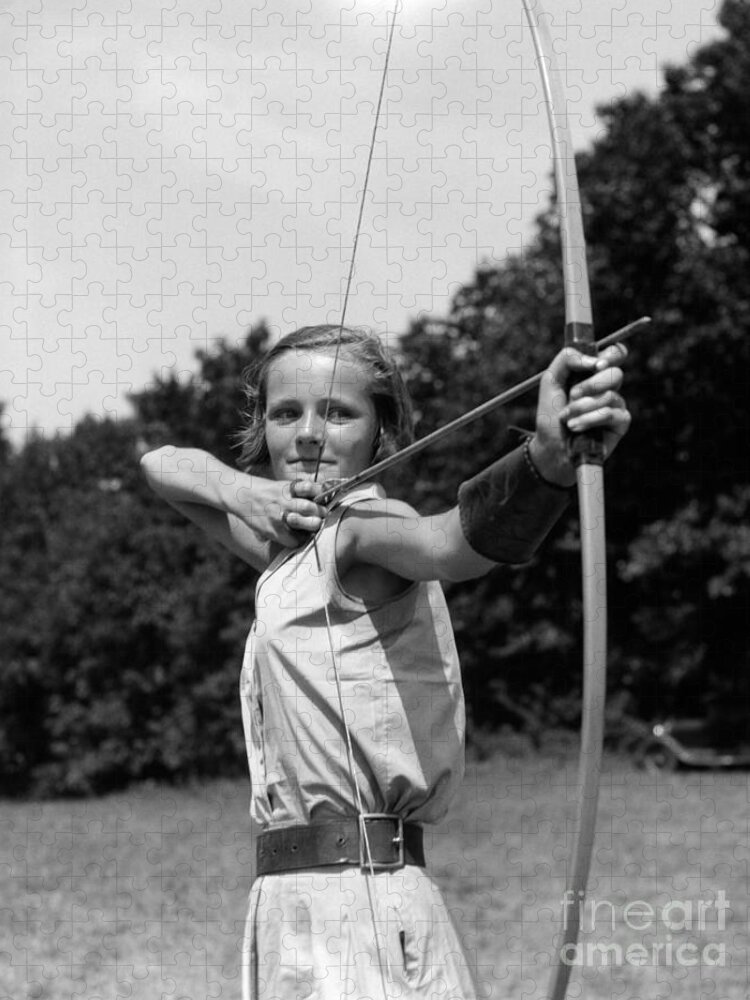 1930s Jigsaw Puzzle featuring the photograph Girl Practicing Archery by H. Armstrong Roberts/ClassicStock