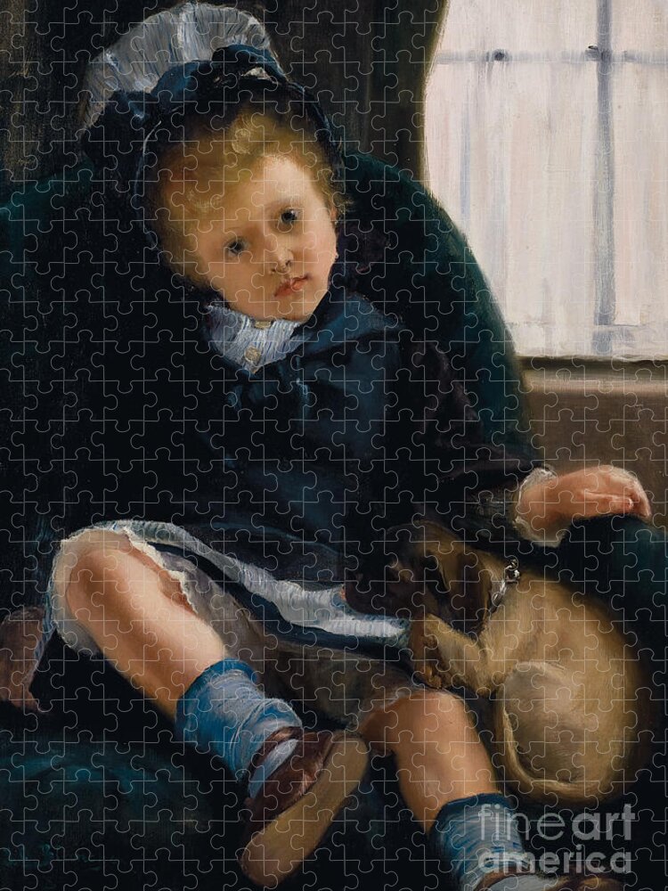 Puppy Jigsaw Puzzle featuring the painting Girl With Puppy by Jacques-Emile Blanche