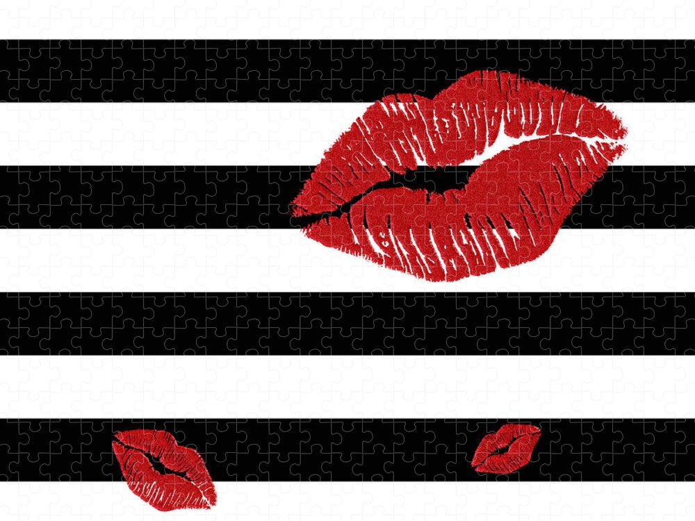 Black And White Stripes Jigsaw Puzzle featuring the painting Glitter Red Lips on Black and White Stripes by Georgeta Blanaru