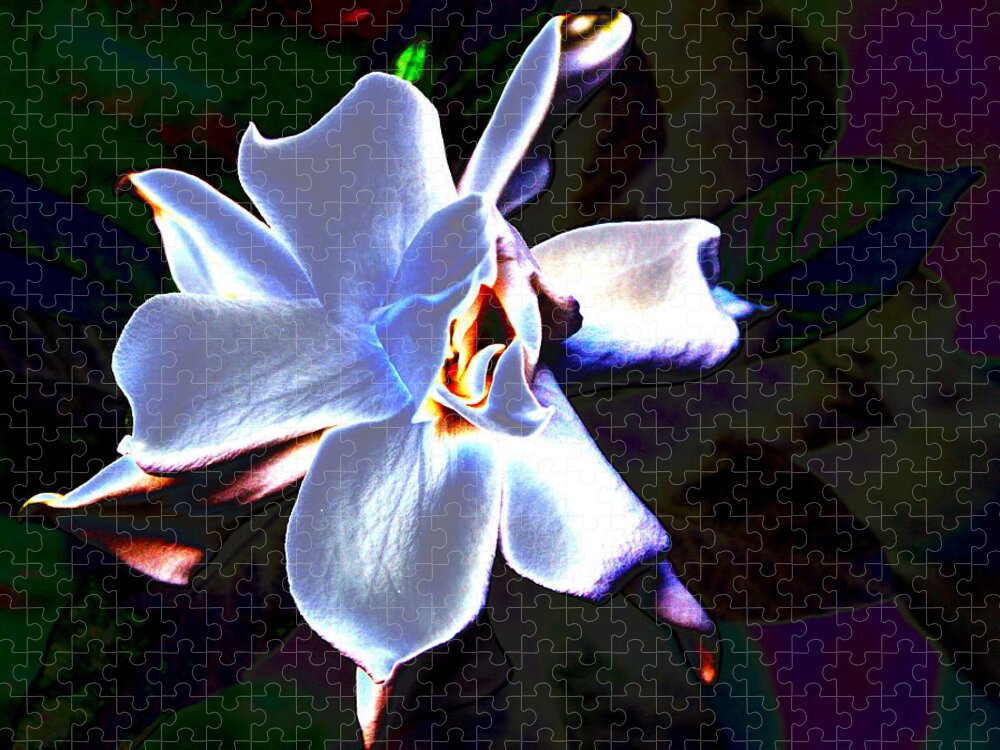 Flower Jigsaw Puzzle featuring the digital art Glowing Gardinia by Larry Beat