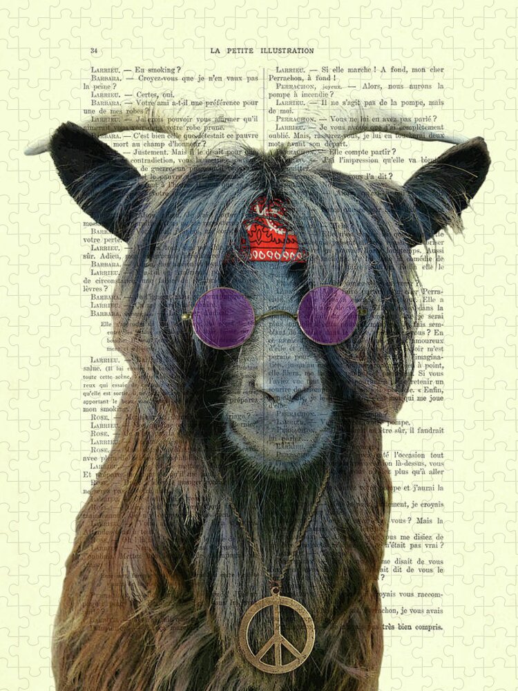 Goat Jigsaw Puzzle featuring the digital art Goat in hippie clothes with purple glasses and peace necklace by Madame Memento