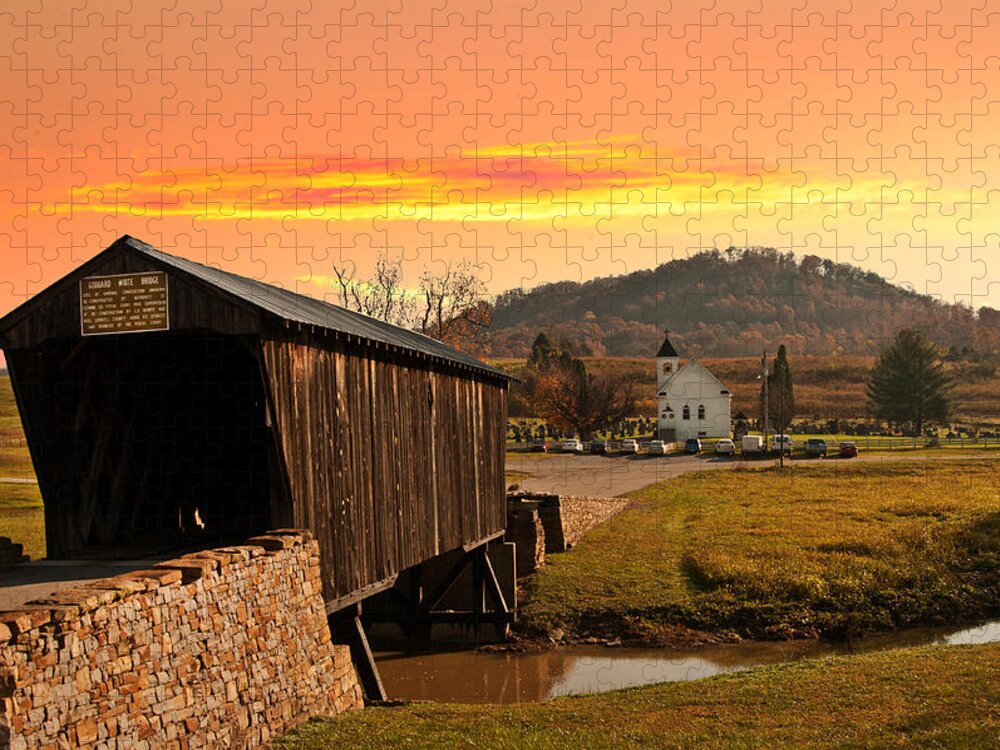 Covered Bridge Jigsaw Puzzle featuring the photograph Goddard White Bridge and Church by Randall Branham
