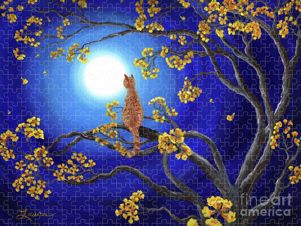 Landscape Jigsaw Puzzle featuring the painting Golden Flowers in Moonlight by Laura Iverson
