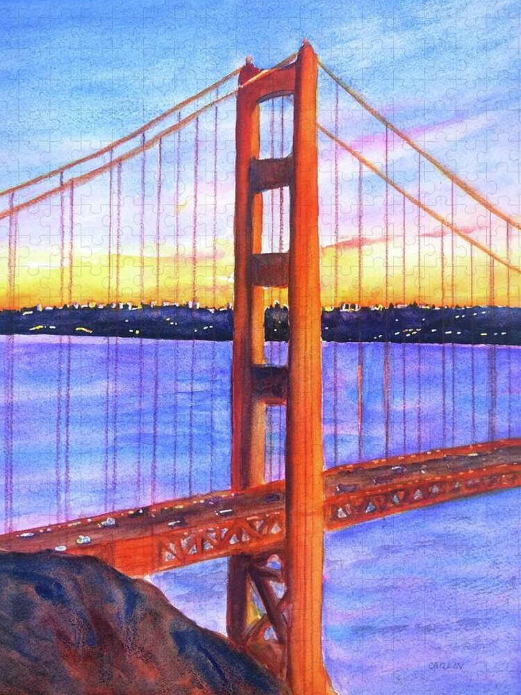 Golden Gate Bridge Jigsaw Puzzle featuring the painting Golden Gate Bridge Tower Sunset by Carlin Blahnik CarlinArtWatercolor