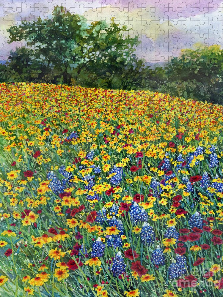 Bluebonnet Jigsaw Puzzle featuring the painting Golden Hillside by Hailey E Herrera