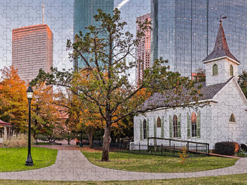 City Jigsaw Puzzle featuring the photograph Golden Hour Fall Panorama of Downtown Houston and St. John Church at Sam Houston Park - Texas by Silvio Ligutti